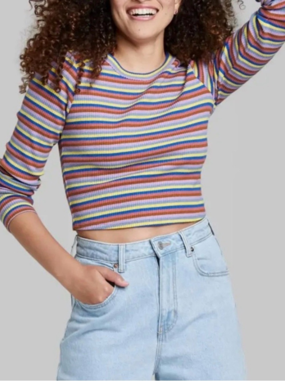 wild fable Striped Ribbed Cropped Top - Pink, Blue, Yellow, Green
